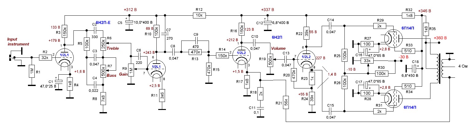 Ламповый предусилитель схема 6н3п